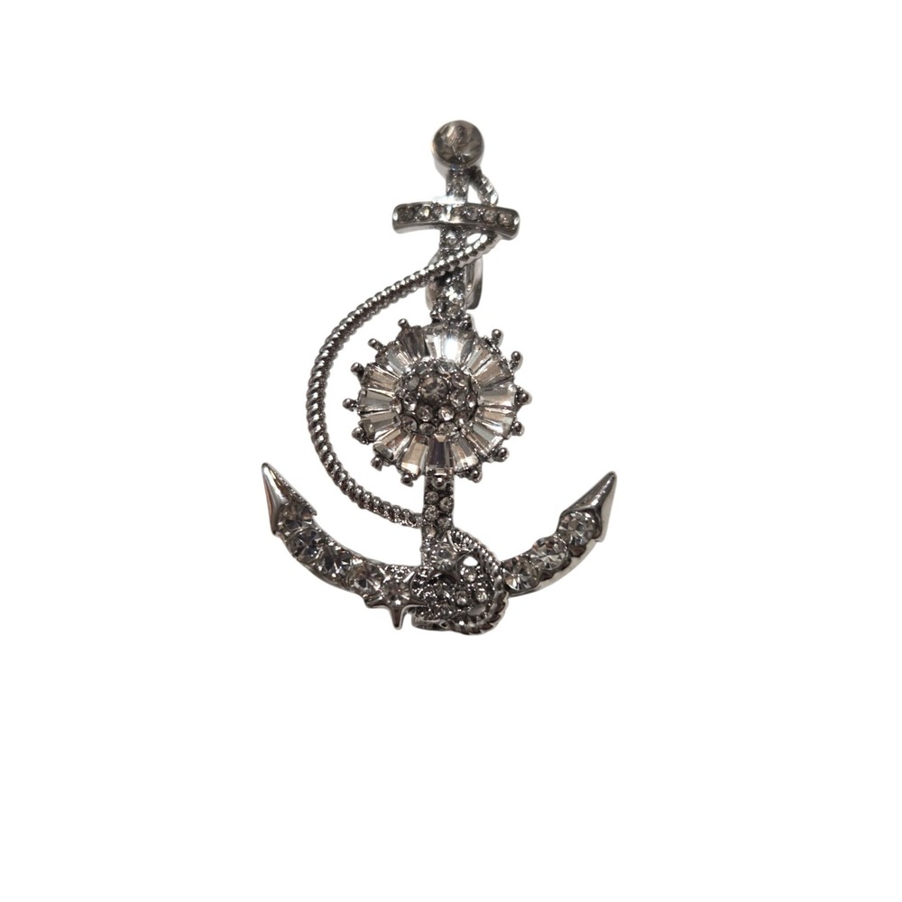 Rhinestone Anchor Silver Tone Brooch